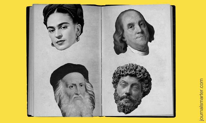 4 famous people on a journal page